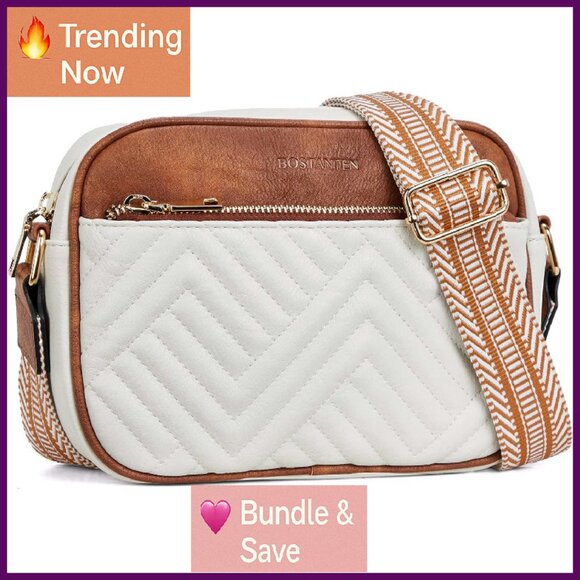 Quilted Vegan Leather Crossbody Bag with Wide Strap Small Shoulder Purse